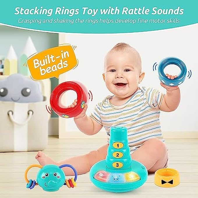 MUSIC TOYS FOR BABIES 6-12 MONTHS, INTERACTIVE ELEPHANT MUSIC ROLY-POLY W/STACKING RING RATTLE TOY,MONTESSORI SENSORY WITH EARLY EDUCATIONAL LEARNING STACKING TOWER TOY,1ST BIRTHDAY GIFT - Image 3