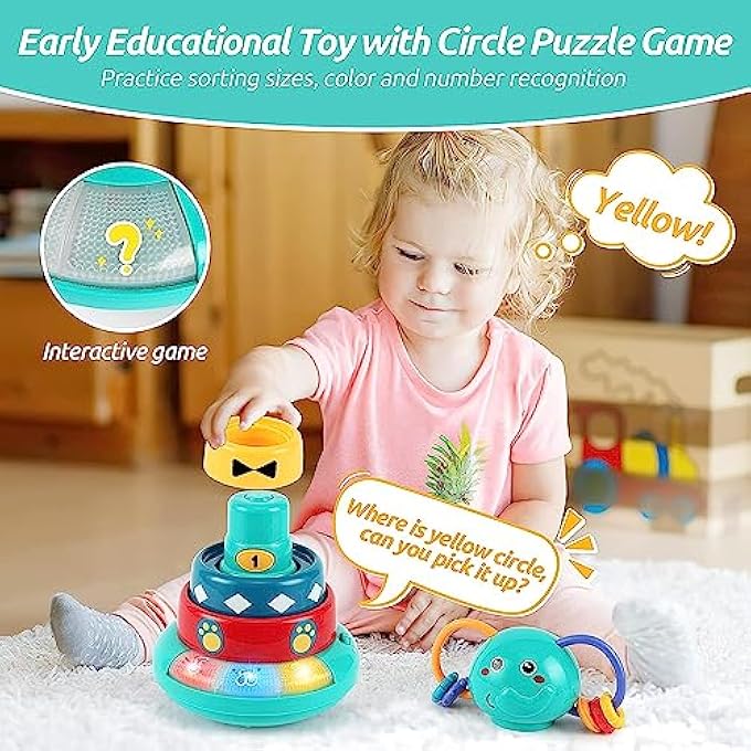 MUSIC TOYS FOR BABIES 6-12 MONTHS, INTERACTIVE ELEPHANT MUSIC ROLY-POLY W/STACKING RING RATTLE TOY,MONTESSORI SENSORY WITH EARLY EDUCATIONAL LEARNING STACKING TOWER TOY,1ST BIRTHDAY GIFT - Image 4