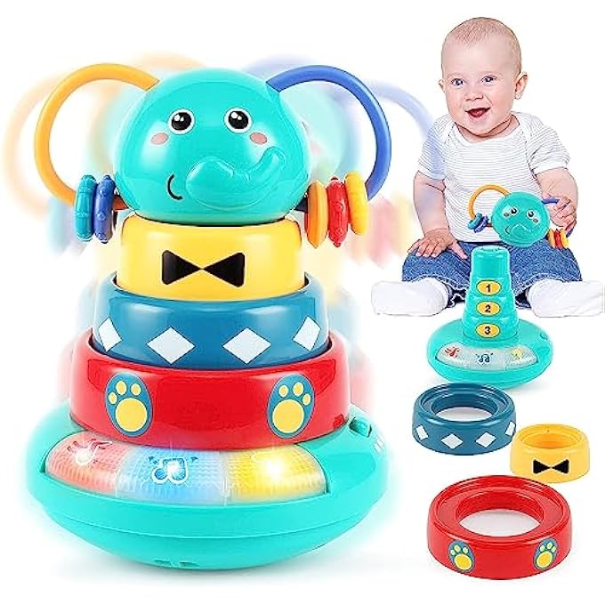 MUSIC TOYS FOR BABIES 6-12 MONTHS, INTERACTIVE ELEPHANT MUSIC ROLY-POLY W/STACKING RING RATTLE TOY,MONTESSORI SENSORY WITH EARLY EDUCATIONAL LEARNING STACKING TOWER TOY,1ST BIRTHDAY GIFT - Image 2