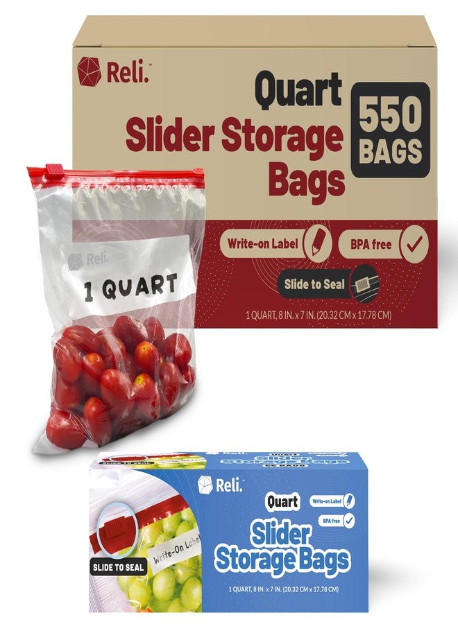 Reli. Slider Quart Storage Bags (550 Count) 8x7 inch, Quart Slider Bags, Food Storage | 1Qt Size, Write on Label | Bulk Clear w/Red Closure for Snacks, Lunch, Meal Prep - Image 1