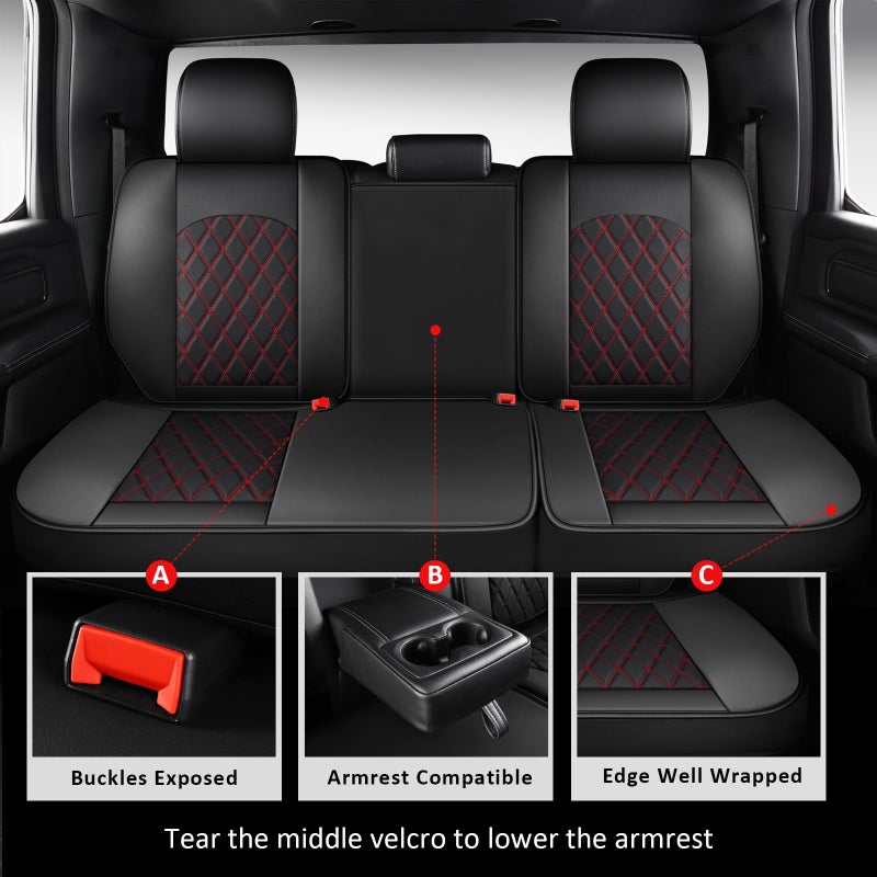 MIROZO Dodge Ram Seat Covers Full Set,5PCS Car Seat Cover Waterproof Fit 2009-2025 Ram 1500 2500 3500 Crew Quad Regular Cab Pickup Cushions with Split Bench 40/60 (Black and Red,Full Set Flat Back) - Image 4