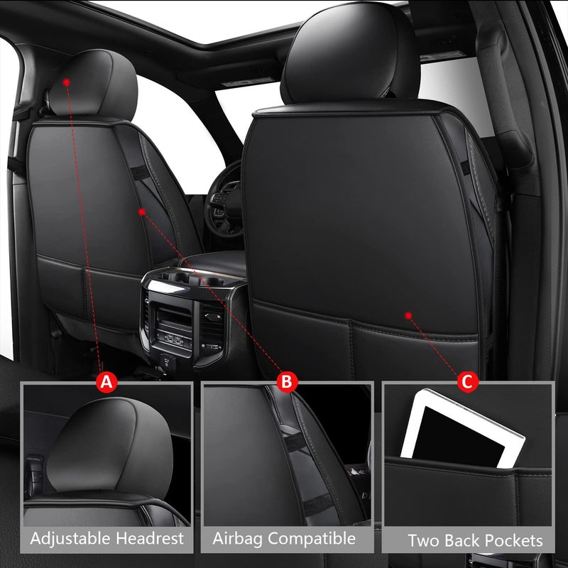 MIROZO Dodge Ram Seat Covers Full Set,5PCS Car Seat Cover Waterproof Fit 2009-2025 Ram 1500 2500 3500 Crew Quad Regular Cab Pickup Cushions with Split Bench 40/60 (Black and Red,Full Set Flat Back) - Image 3