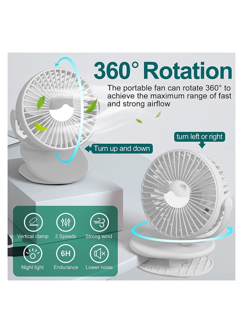Y&D - Rechargeable Clip Fan, Portable Fans, USB Desktop 3 Speed, Quiet Household Table Fans with light, Personal Suitable for Home, Office, Dorm, Baby Stroller, kitchen, Car, Treadmills (White) - Image 1