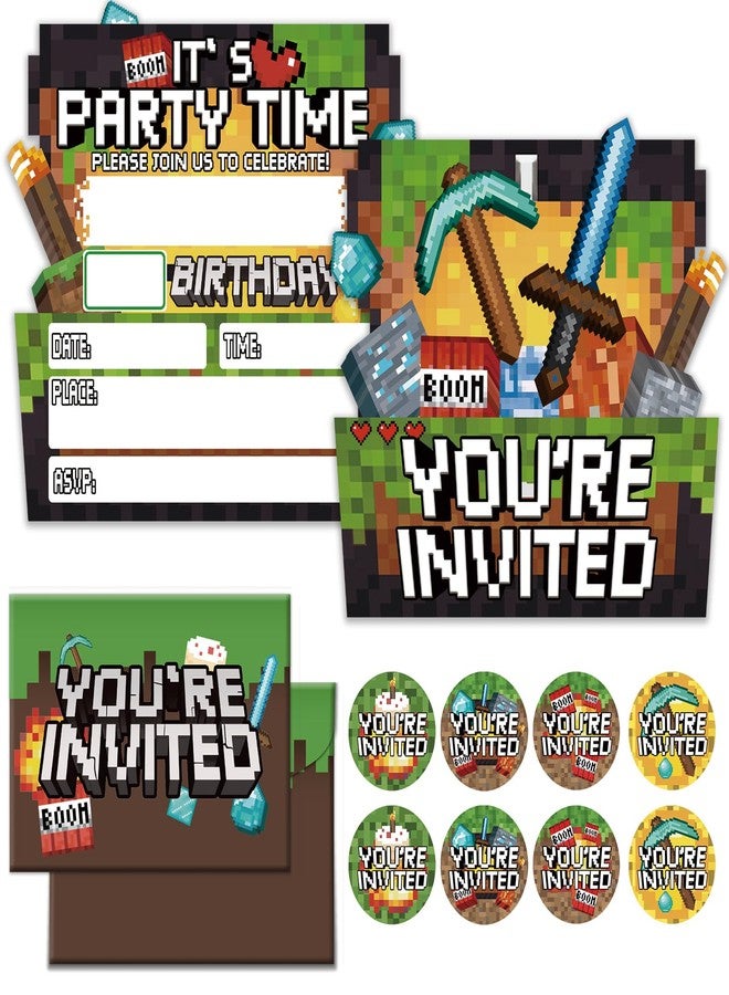 Lumoaster Birthday Party Invitations Boy - Pixel Party Invitations - 20 Sets Birthday Invitations for Boys Girls Kids - Pixel Theme Bday Party Decorations - 20 Invitations with Envelopes and Stickers B - Image 1