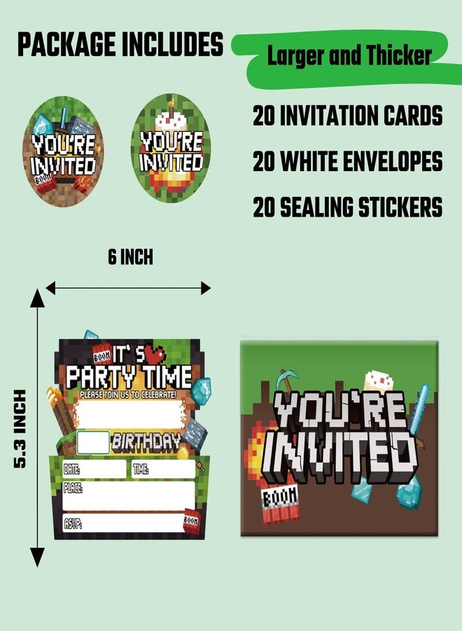 Lumoaster Birthday Party Invitations Boy - Pixel Party Invitations - 20 Sets Birthday Invitations for Boys Girls Kids - Pixel Theme Bday Party Decorations - 20 Invitations with Envelopes and Stickers B - Image 2