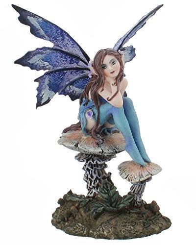 PTC 6.25 Inch Nice Blue Fairy Sitting on Mushroom Statue Figurine - Image 1