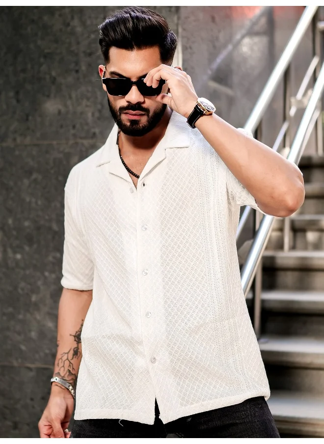 Maniac Mens Solid Textured 3/4th Sleeve White Poly Jacquard Fabric Shirt