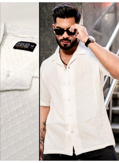 Maniac Mens Solid Textured 3/4th Sleeve White Poly Jacquard Fabric Shirt  - Image 2