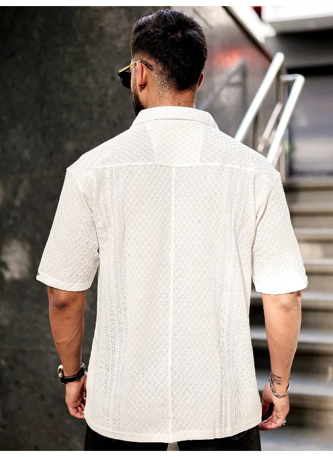 Maniac Mens Solid Textured 3/4th Sleeve White Poly Jacquard Fabric Shirt