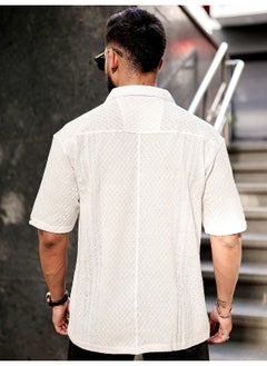 Maniac Mens Solid Textured 3/4th Sleeve White Poly Jacquard Fabric Shirt  - Image 4