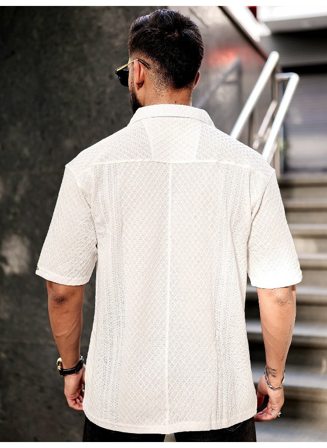 Maniac Mens Solid Textured 3/4th Sleeve White Poly Jacquard Fabric Shirt  - Image 4