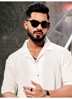 Maniac Mens Solid Textured 3/4th Sleeve White Poly Jacquard Fabric Shirt  - Image 1