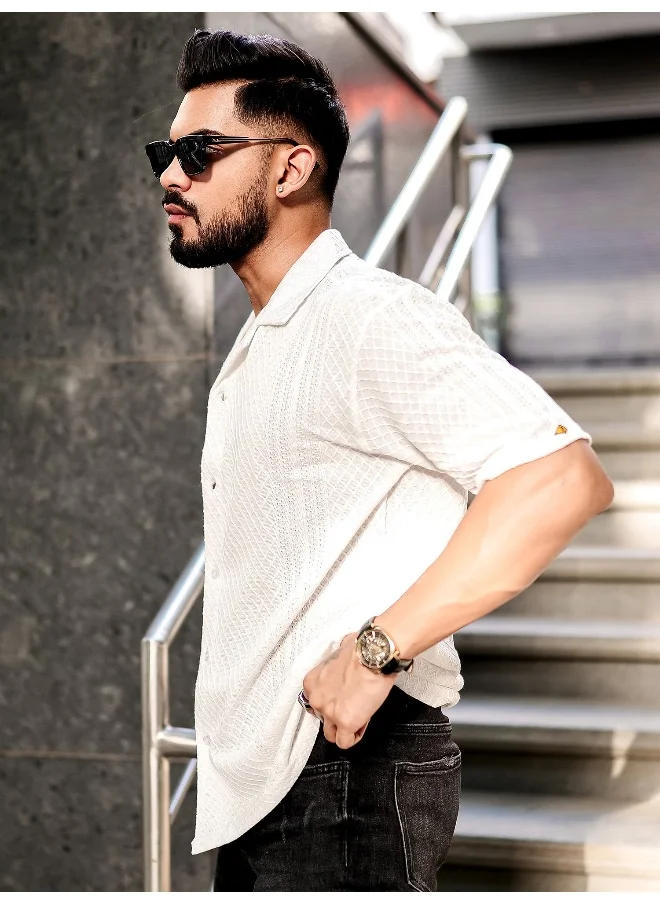 Maniac Mens Solid Textured 3/4th Sleeve White Poly Jacquard Fabric Shirt