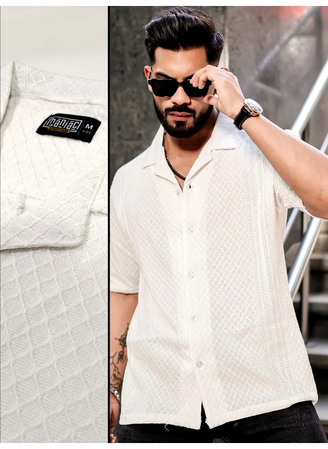 Maniac Mens Solid Textured 3/4th Sleeve White Poly Jacquard Fabric Shirt