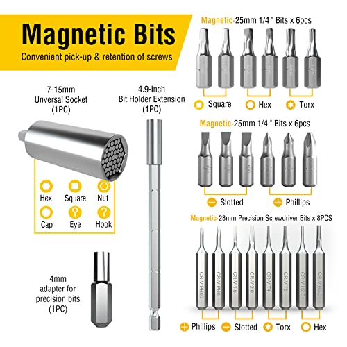 AZUNO 24 IN 1 Ratchet Screwdriver Set with Universal Socket, 20 CRV Bits Stored in Handle, 12+8 Slotted/Philips/Torx/Hex/Square Sand Blasted Bits and Chrome Plated Precision bits. - Image 5