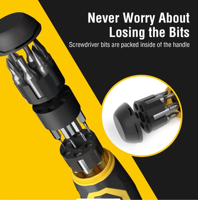 AZUNO 24 IN 1 Ratchet Screwdriver Set with Universal Socket, 20 CRV Bits Stored in Handle, 12+8 Slotted/Philips/Torx/Hex/Square Sand Blasted Bits and Chrome Plated Precision bits. - Image 3