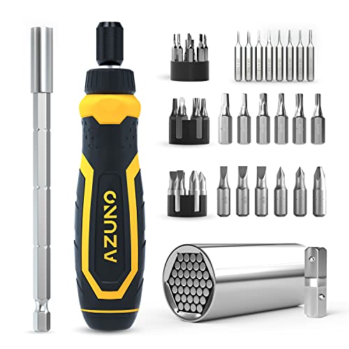 AZUNO 24 IN 1 Ratchet Screwdriver Set with Universal Socket, 20 CRV Bits Stored in Handle, 12+8 Slotted/Philips/Torx/Hex/Square Sand Blasted Bits and Chrome Plated Precision bits. - Image 1