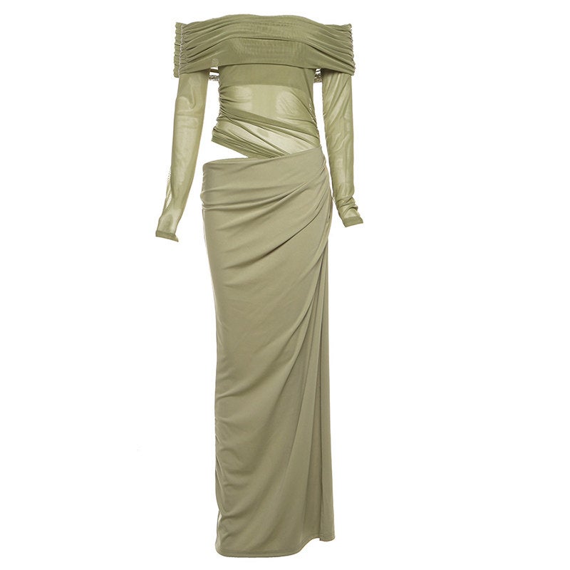 Weird girl, French cool mesh one-shoulder long-sleeved dress, hollowed-out waist-revealing fishtail skirt - Image 2
