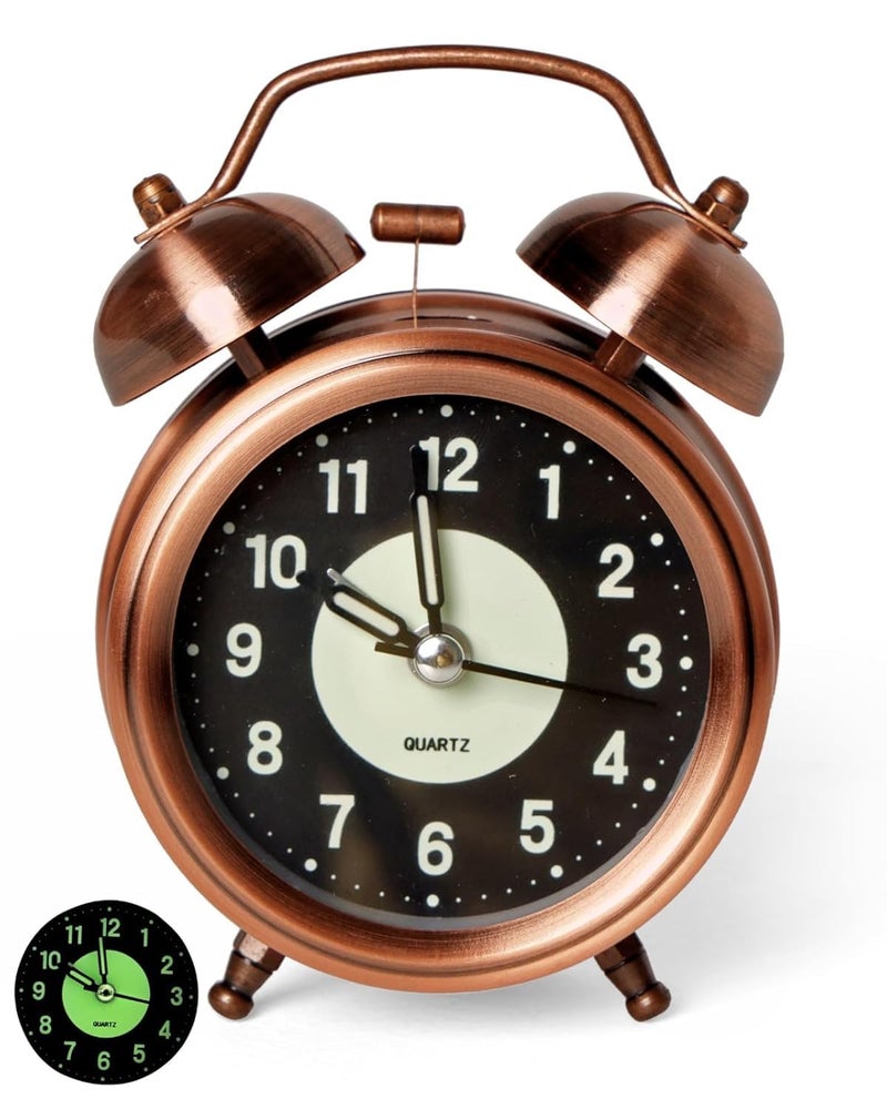 RUCON ® Table Analog Clock Alarm Super Loud for Heavy Sleepers Retro Twin Bell Metal Frame Clock with Night Backlight Function Bedside Luminous Alarm for Bedroom/Office (Copper Radium 11.4cm) - Image 1