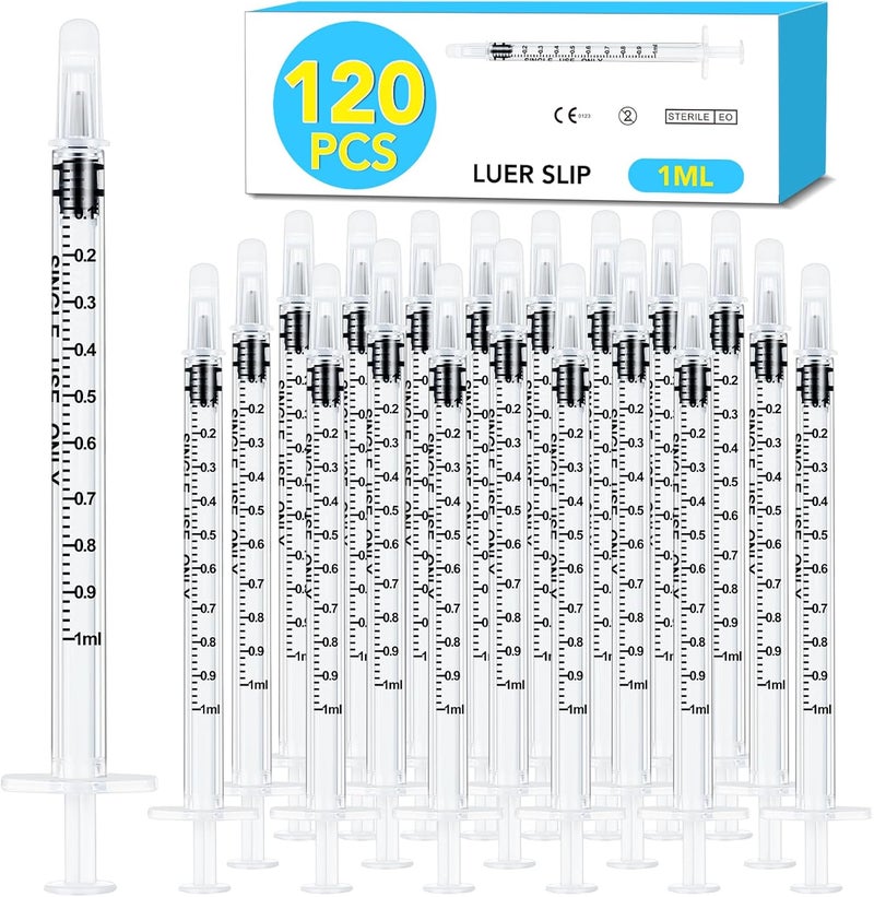 TENKAIWICK 120 PCS 1ml Syringe with Cap for Liquid,Oral Syringe without Needle for Medicine Dropper, Colostrum Collect, Feeding Pets, Liquid Measuring, Individually Sealed, Luer Slip Most item matching trendy design - Image 1