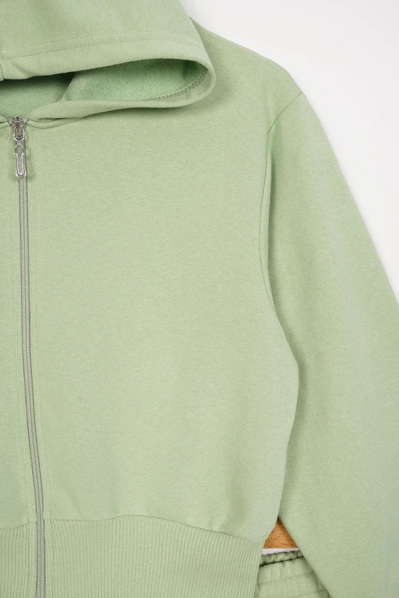 Zepkids Hooded Long Sleeve Loose Cut Cagla Green Color Girl Tracksuit Set