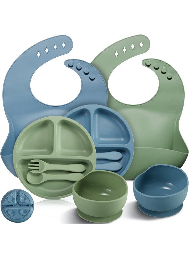 Potchen 10 Pack Silicone Baby Feeding Set, Toddlers Led Weaning Feeding Supplies with Suction Baby Bowl Divided Plate Adjustable Bib Soft Silicone Spoon Fork, Infant Self Eating Utensil Set (Blue, Green) - Image 1