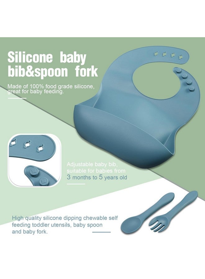 Potchen 10 Pack Silicone Baby Feeding Set, Toddlers Led Weaning Feeding Supplies with Suction Baby Bowl Divided Plate Adjustable Bib Soft Silicone Spoon Fork, Infant Self Eating Utensil Set (Blue, Green) - Image 3