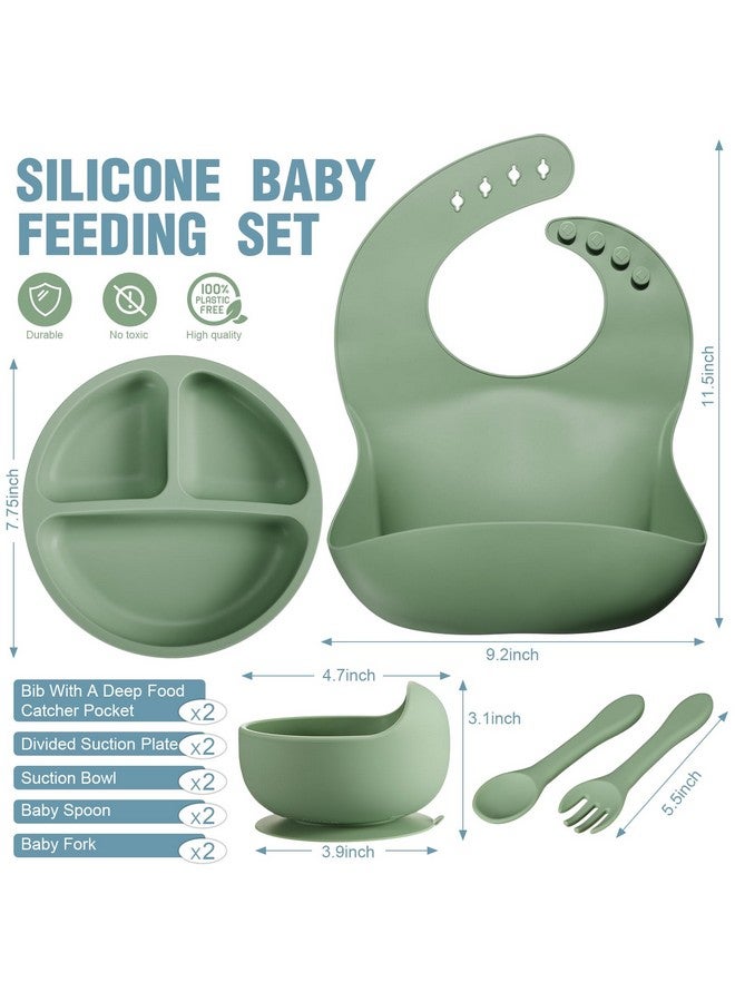 Potchen 10 Pack Silicone Baby Feeding Set, Toddlers Led Weaning Feeding Supplies with Suction Baby Bowl Divided Plate Adjustable Bib Soft Silicone Spoon Fork, Infant Self Eating Utensil Set (Blue, Green) - Image 2