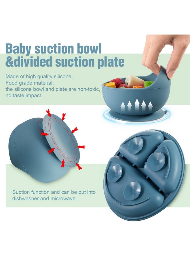 Potchen 10 Pack Silicone Baby Feeding Set, Toddlers Led Weaning Feeding Supplies with Suction Baby Bowl Divided Plate Adjustable Bib Soft Silicone Spoon Fork, Infant Self Eating Utensil Set (Blue, Green) - Image 4