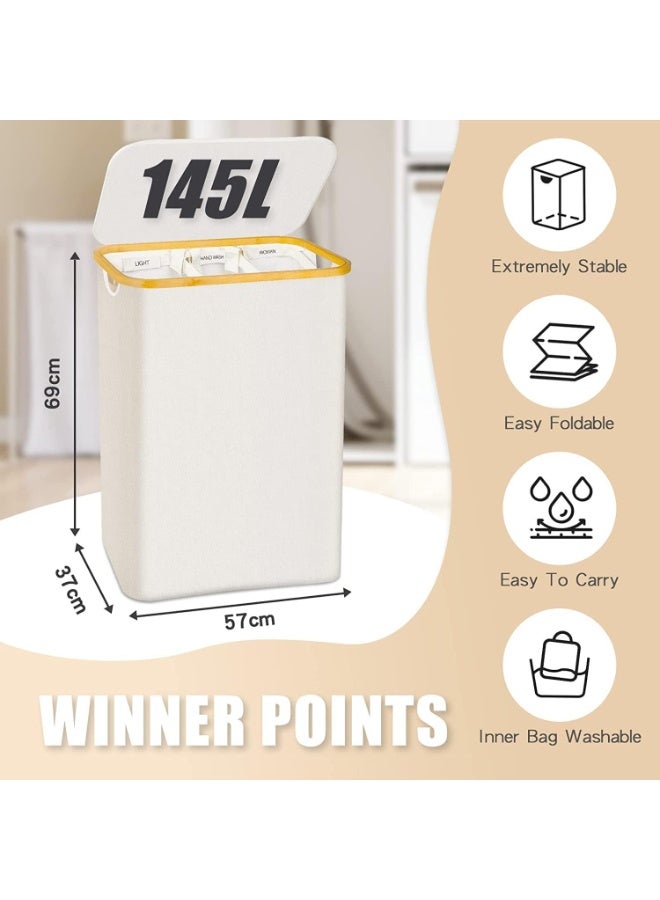 Extra Large 145L Foldable Laundry Hamper with Lid, 3 Section Divided, Beige - Image 4