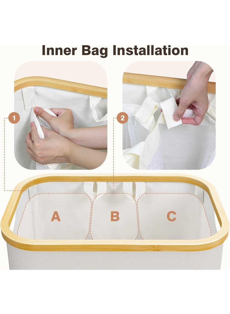 Extra Large 145L Foldable Laundry Hamper with Lid, 3 Section Divided, Beige - Image 3