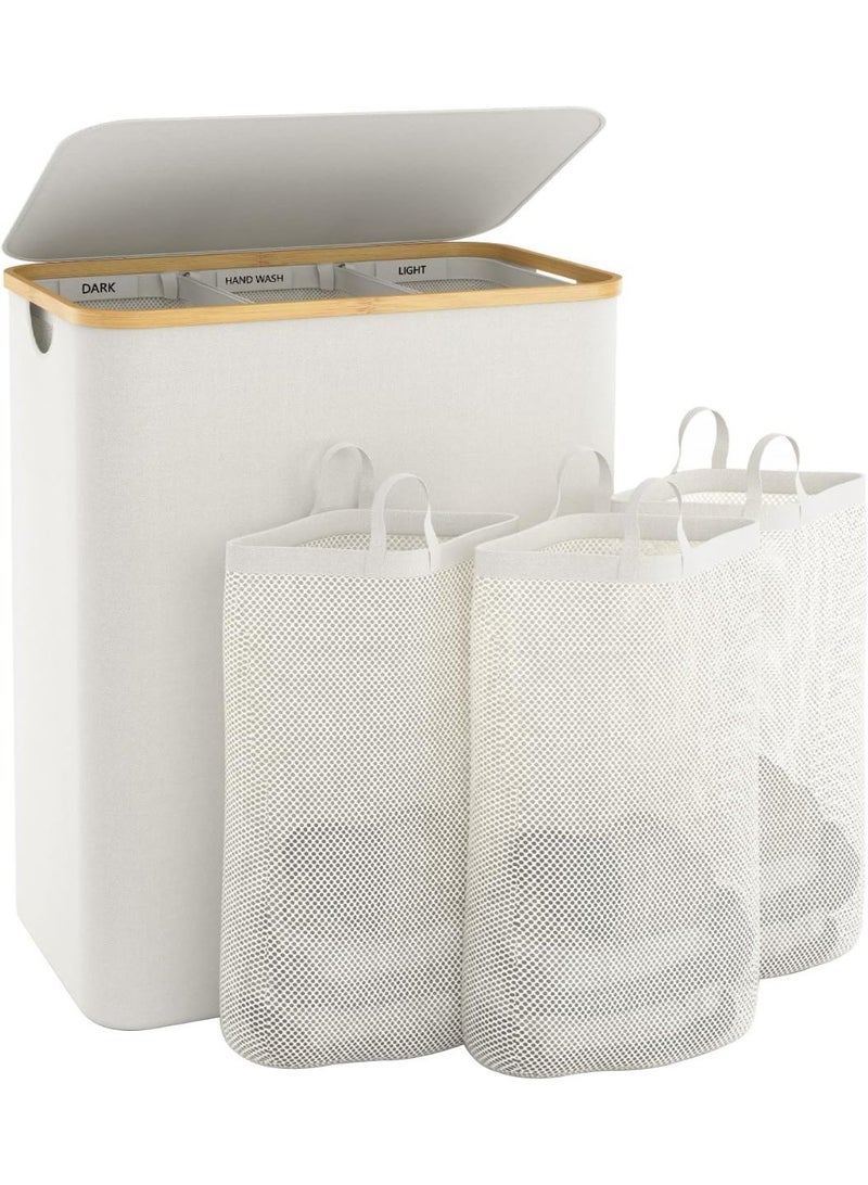 Extra Large 145L Foldable Laundry Hamper with Lid, 3 Section Divided, Beige - Image 1