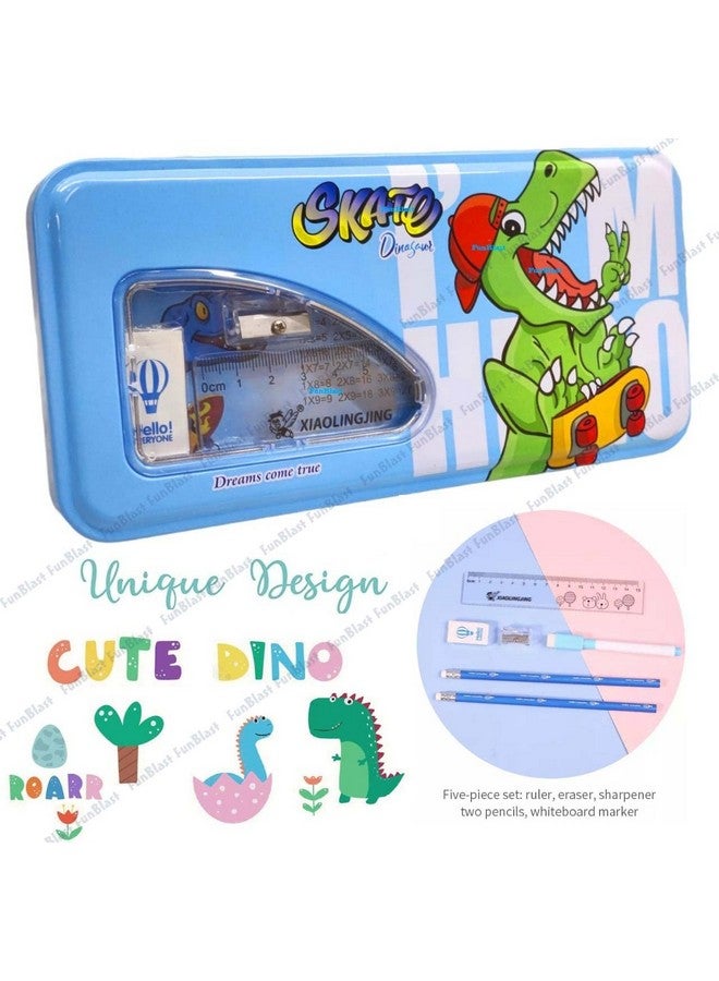 فنبلاست علبة أقلام معدنية من فن بلاست على شكل ديناصور مع قلم رصاص وممحاة ومبراة، مجموعة أدوات مكتبية - علبة أقلام مزدوجة الطبقات ومنظم أدوات مكتبية للأطفال والأولاد والبنات (ديناصور) - Image 4