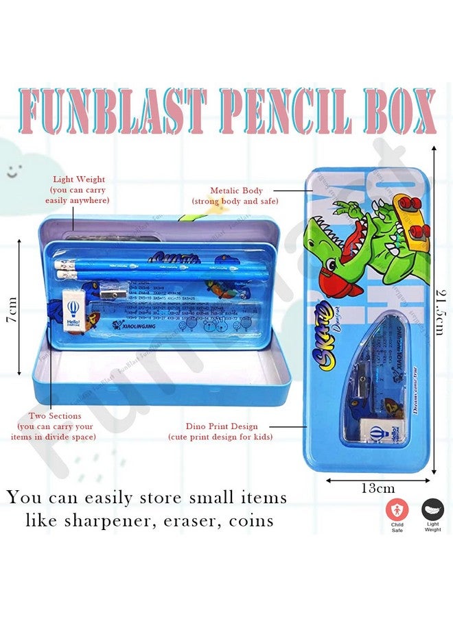 فنبلاست علبة أقلام معدنية من فن بلاست على شكل ديناصور مع قلم رصاص وممحاة ومبراة، مجموعة أدوات مكتبية - علبة أقلام مزدوجة الطبقات ومنظم أدوات مكتبية للأطفال والأولاد والبنات (ديناصور) - Image 3