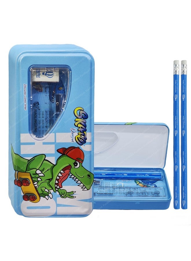 فنبلاست علبة أقلام معدنية من فن بلاست على شكل ديناصور مع قلم رصاص وممحاة ومبراة، مجموعة أدوات مكتبية - علبة أقلام مزدوجة الطبقات ومنظم أدوات مكتبية للأطفال والأولاد والبنات (ديناصور) - Image 1