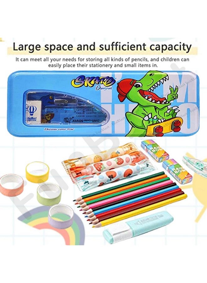 فنبلاست علبة أقلام معدنية من فن بلاست على شكل ديناصور مع قلم رصاص وممحاة ومبراة، مجموعة أدوات مكتبية - علبة أقلام مزدوجة الطبقات ومنظم أدوات مكتبية للأطفال والأولاد والبنات (ديناصور) - Image 2