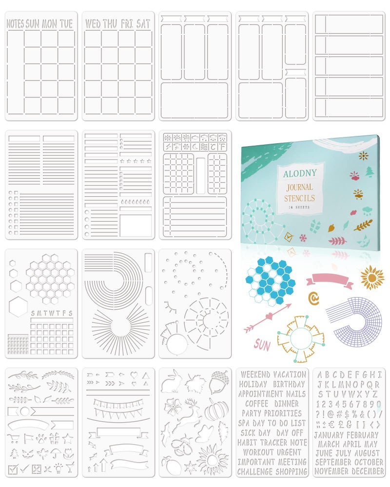ALODNY 16 Pcs Journal Stencils Set - Time Saving Bullet Journaling Supplies/Accessories Kit -Ultimate Productivity Planner Stencil for Bullet Journal Stencils A5 Dotted Journals - Image 1