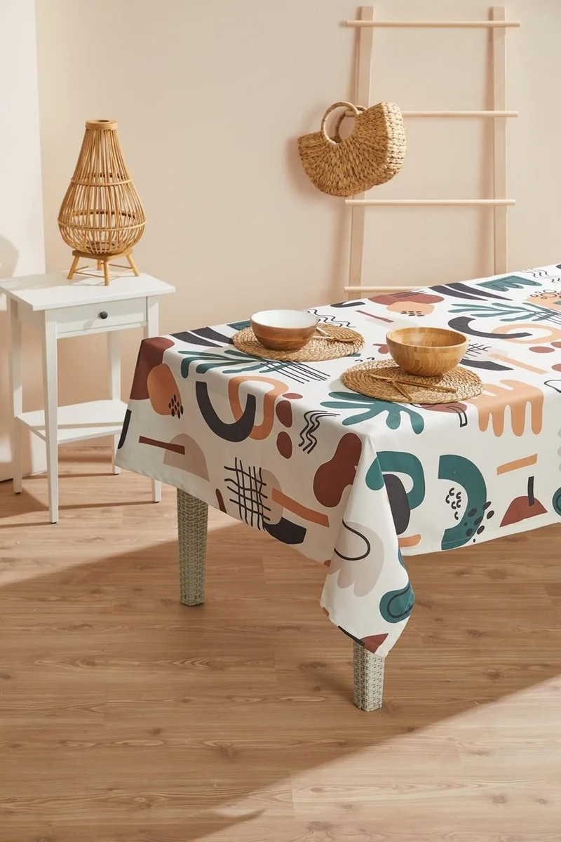 ايس هوم Cream Color Bohemian Style Abstract Pattern Stain Resistant Tablecloth