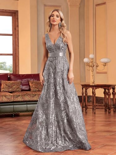 XUIBOL Sleeveless Glitter Sequined Womens Long Formal Gown Aline Prom Dress for Anchorwoman Floor Length Evening Dress Grey XXL - Image 3