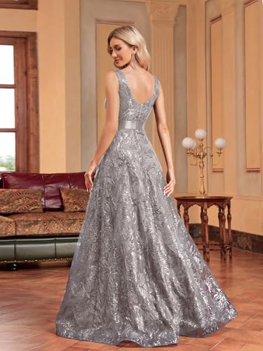 XUIBOL Sleeveless Glitter Sequined Womens Long Formal Gown Aline Prom Dress for Anchorwoman Floor Length Evening Dress Grey XXL - Image 2