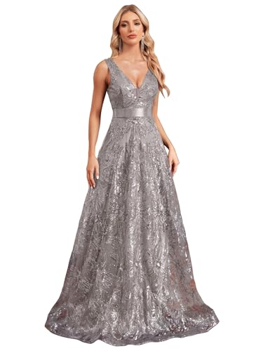 XUIBOL Sleeveless Glitter Sequined Womens Long Formal Gown Aline Prom Dress for Anchorwoman Floor Length Evening Dress Grey XXL - Image 1
