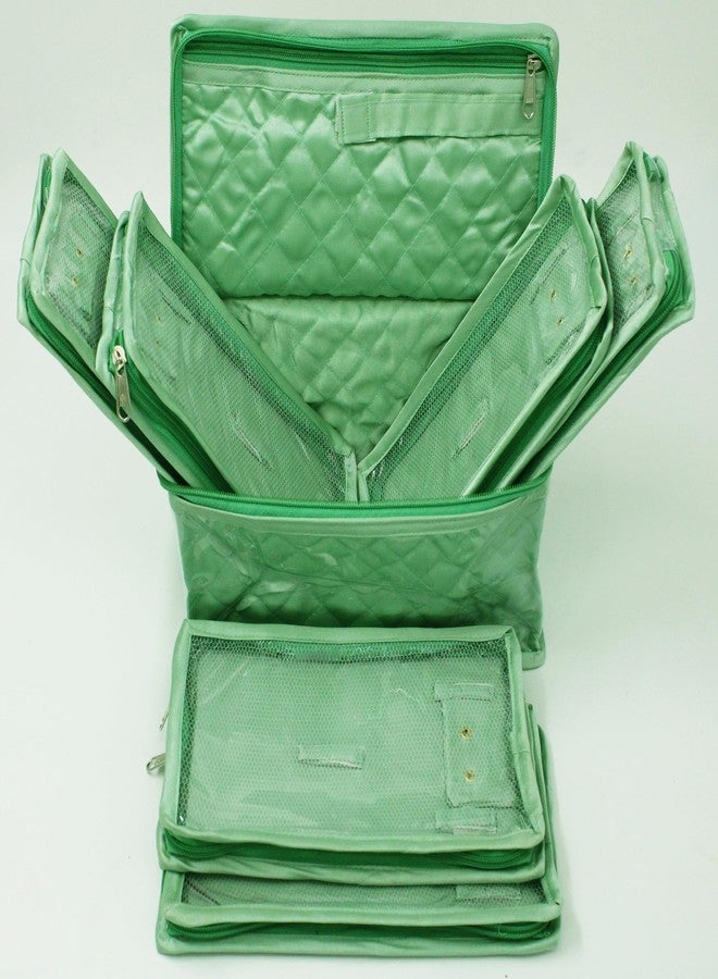 LUCES Satin Women'S Makeup Kit Travel Jewellery Organizer Necklace Zipper Pouches Ring Earring Tops Studs Travelling Make Up Kit With 6 Pouch Bag Case (Mint, Large) - Image 1