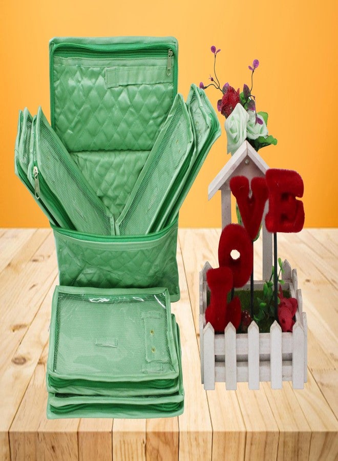 LUCES Satin Women'S Makeup Kit Travel Jewellery Organizer Necklace Zipper Pouches Ring Earring Tops Studs Travelling Make Up Kit With 6 Pouch Bag Case (Mint, Large) - Image 4