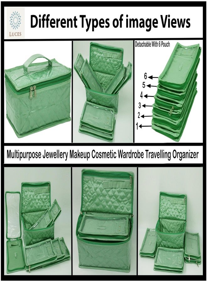 LUCES Satin Women'S Makeup Kit Travel Jewellery Organizer Necklace Zipper Pouches Ring Earring Tops Studs Travelling Make Up Kit With 6 Pouch Bag Case (Mint, Large) - Image 3
