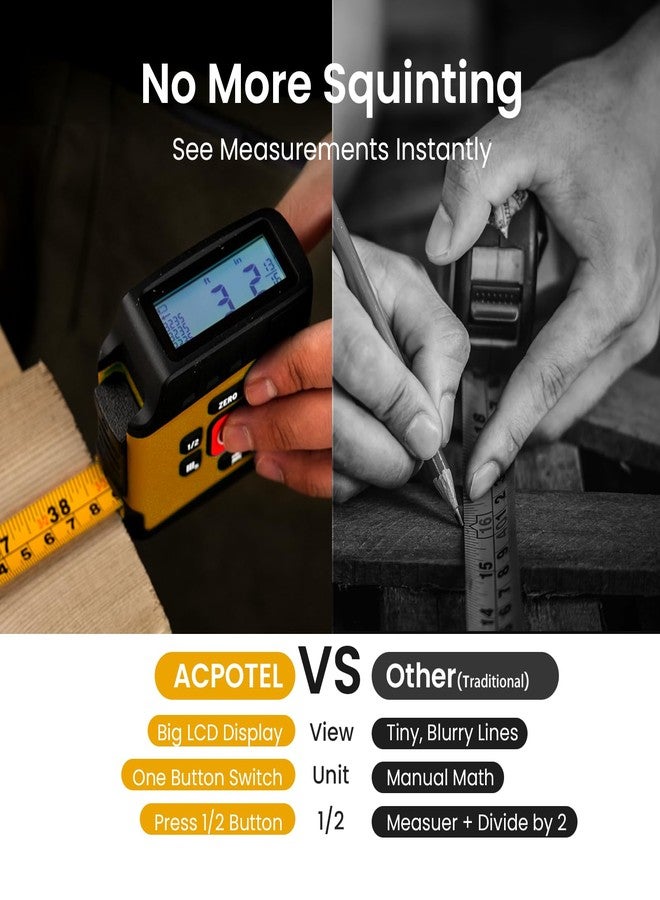ACPOTEL 2-in-1 Digital Tape Measure - Ft/Ft+in/in/M/cm/mm 16Ft, Backlit Display USB Rechargeable Tape Measure with 20 Groups Historical Memory DT20 (Gen-1 Yellow) - Image 3