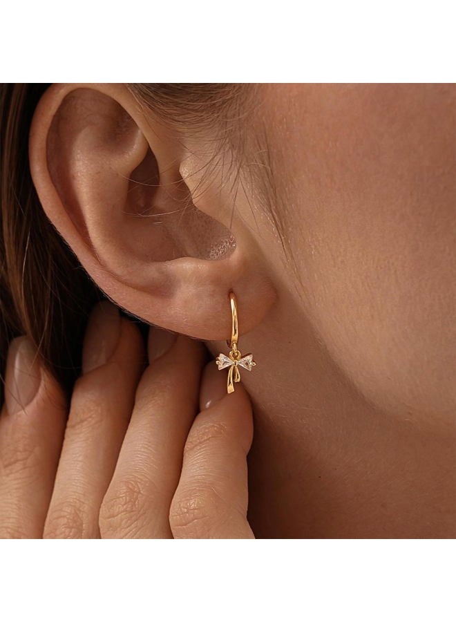 ShineRose Dangle Bow Earrings For Women 14k Gold Plated Huggie Hoop Silver Dangling CZ Drop Small Cute Ribbon Dainty Trendy Christmas Gifts Jewelry, Standard size, Brass, Cubic Zirconia - Image 2