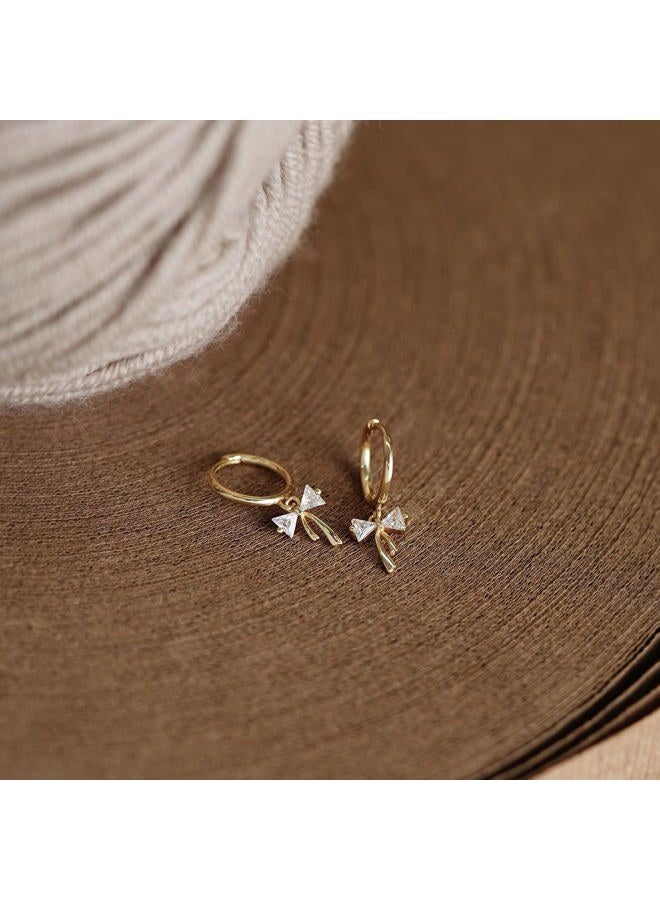 ShineRose Dangle Bow Earrings For Women 14k Gold Plated Huggie Hoop Silver Dangling CZ Drop Small Cute Ribbon Dainty Trendy Christmas Gifts Jewelry, Standard size, Brass, Cubic Zirconia - Image 5