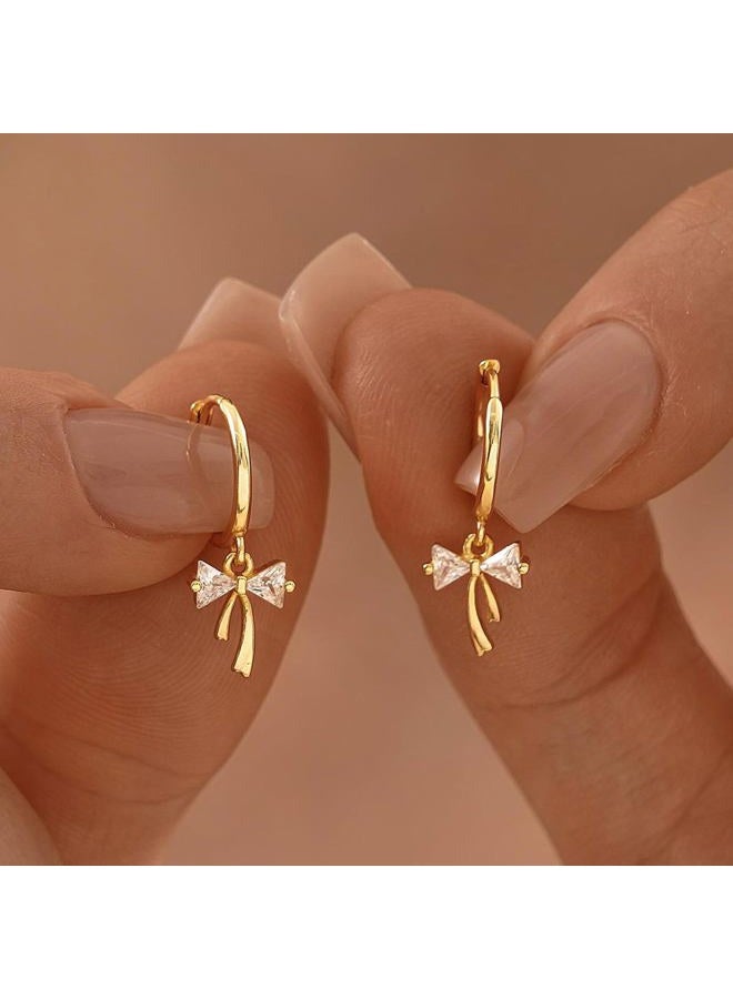 ShineRose Dangle Bow Earrings For Women 14k Gold Plated Huggie Hoop Silver Dangling CZ Drop Small Cute Ribbon Dainty Trendy Christmas Gifts Jewelry, Standard size, Brass, Cubic Zirconia - Image 4