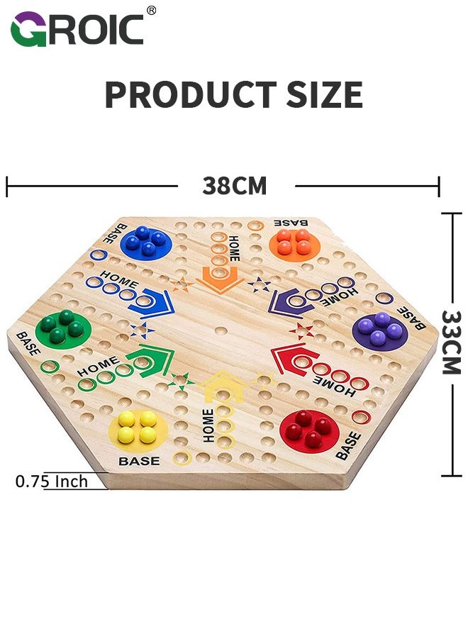 GROIC - Wooden Board Game,Ludo Board Game,Large Size Original Marble Game Board Game Double Sided Painted 6&4 Player,Fast Track Board Game Wooden with 6 Colors 24 Marbles 6 Dice - Image 1
