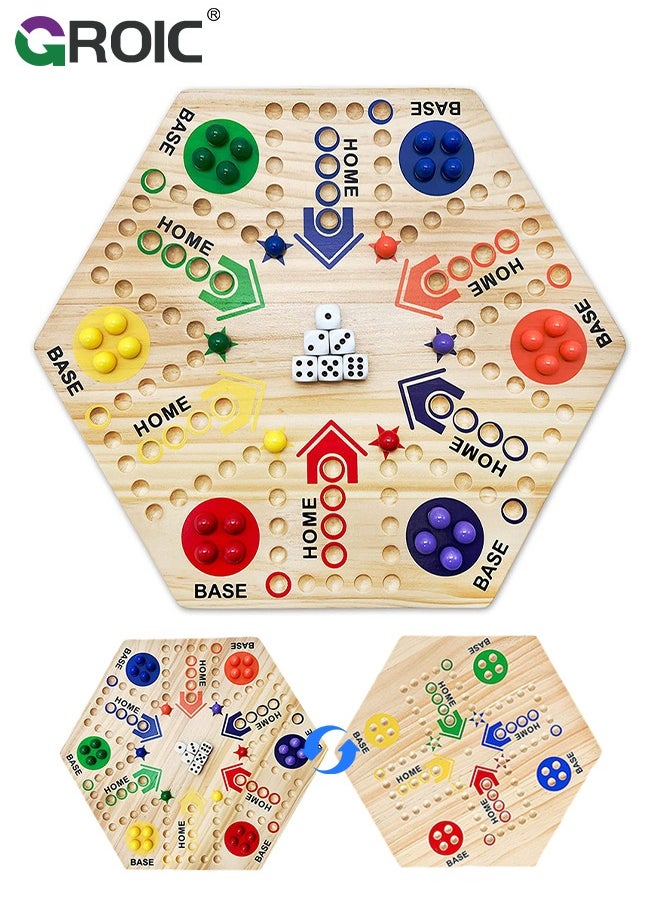 GROIC - Wooden Board Game,Ludo Board Game,Large Size Original Marble Game Board Game Double Sided Painted 6&4 Player,Fast Track Board Game Wooden with 6 Colors 24 Marbles 6 Dice - Image 1